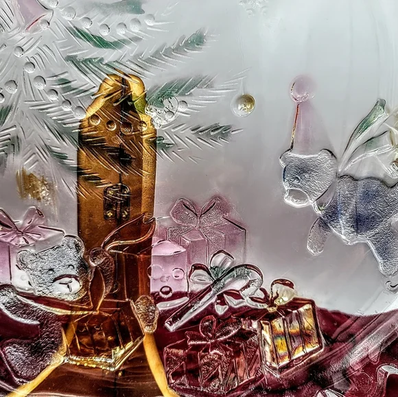 Share the Joy Christmas Glass Platter Santa Sleigh Teddy Bears 14" Caldor Vtg - Picture 4 of 10